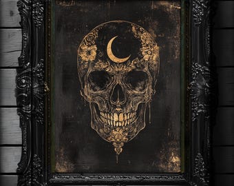 Póster de calavera celestial oscura, arte de pared imprimible para dormitorio, decoración del hogar de Esoteric Dark Academia, descarga digital, impresión gótica de Moon Dark Elegance