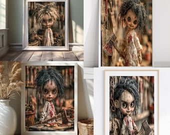 Paquete de arte mural de muñecas repugnadas, 7 muñecas asesinas, decoración extraña para el hogar, descargas digitales espeluznantes, paquete de fotos imprimibles de terror embrujado para Halloween