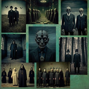 May include: A collage of eerie images featuring figures with skull-like faces and dark attire. Scenes include individuals in suits, cloaked figures, and groups in ominous settings, evoking a sense of mystery and the macabre.