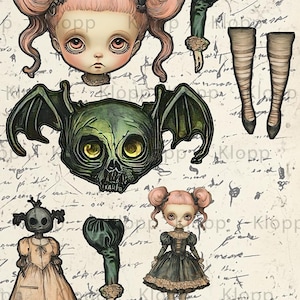 Viktorianische gruselige Papierpuppe druckbare DIY-Fledermaus-Mädchen Papierkunst, lustige Erwachsenenaktivität Whimsigoth Party Decor, Lehreraktivität, rosa Haarpuppe