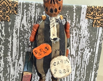 OOAK Art Doll Halloween Pumpkin Articulated Clay Folk Art Figure Whimsigoth home Gothic JOL Fall Home Decor, Halloween fan gift Primitive