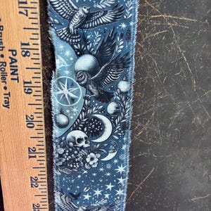 Hand torn Witch Skeleton Fabric Snippet, Junk Journal Strip Scrapbooking Snippet roll Vintage style fabric scraps, Wierd stuff fabric scrap