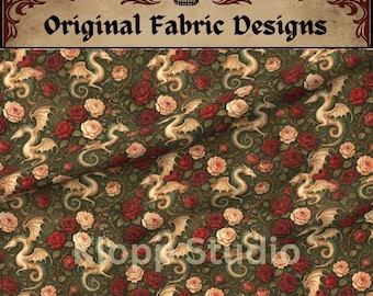 Tessuto elegante con drago floreale, design originale, cotone per trapuntatura fantasy magico tagliato su misura, tessuto barocco in stile vintage, rinascimentale
