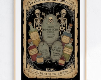 Impresión publicitaria de boticario vintage / Arte mural divertido y espeluznante (descarga digital) Decoración clásica de terror para el hogar, arte mural gótico de brujas, esqueleto