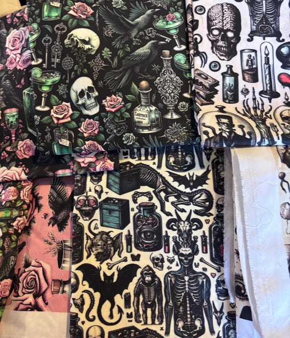 Dark Gothic Fabric Scraps Bundle, Original Victorian Quilt Cotton By The Yard, Witchy Stuff,  Weirdcore Crafts for New Year