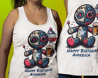 Voodoo Doll Shirt 4th of July Shirt Happy Birthday America Women Tank Top Fun Colorful Red Blue Voodoo Doll Beer Tank Top Gift Her Party