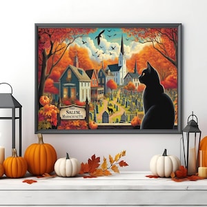 Fall Salem Mass Wall art Folk Art Painting, Farmhouse Home Decor, Witchy Wall art, Halloween Witch Black Cat. Salem Witch trials