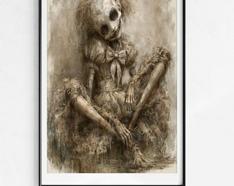 Arte mural de terror gótico Muñeca espeluznante Ilustración de decoración extraña para el hogar Descarga digital Foto de muñeca embrujada