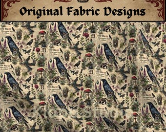 Witchy Crow Cotton Fabric, Small Tile Pattern