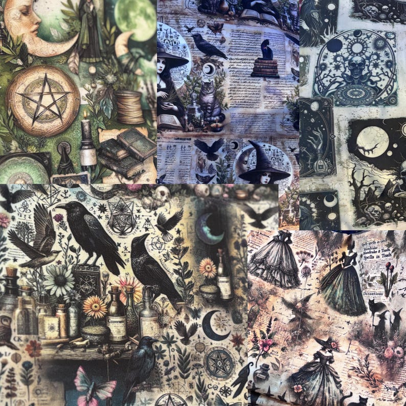 May include: A collage of mystical and gothic illustrations. The artwork features images of ravens, moons, witches, potion bottles, and celestial symbols. The color palette includes shades of black, white, and sepia, creating a vintage aesthetic.