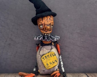 OOAK Halloween Pumpkin Art Doll: Spooky Folk Art Sculpture