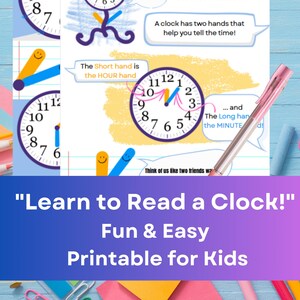 Wie man eine Uhr für Kinder liest - Lerne die Zeit zu lesen PDF - Lernarbeitsblatt - Lernarbeit für die Schule - Spaßarbeitsbuch