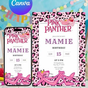 Invito di compleanno modificabile della Pantera Rosa, Compleanno della Pantera Rosa, Invito di compleanno personalizzato, Divertimento, Scarica, Stampa e Festeggia