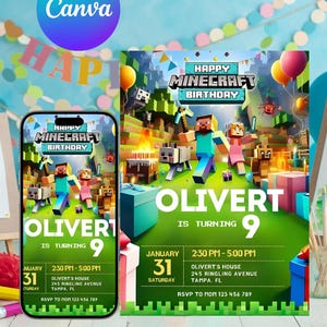 Invitation d'anniversaire Minecraft modifiable • Anniversaire Minecraft • Invitation d'anniversaire, invitation à une fête de joueur • Carte d'anniversaire de jeu vidéo personnalisée