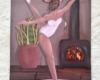 May include: An artistic print depicts a ballerina with a deer head, wearing a white leotard and pointe shoes. The dancer is posed in a split on a pink rug, with a fireplace and potted plants in the background. The artwork has a whimsical, surreal theme.