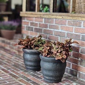 May include: Two small, dark gray, textured flower pots filled with plants with reddish-brown and green leaves. The pots sit on a brick walkway in front of a brick wall. The scene is a miniature outdoor setting.