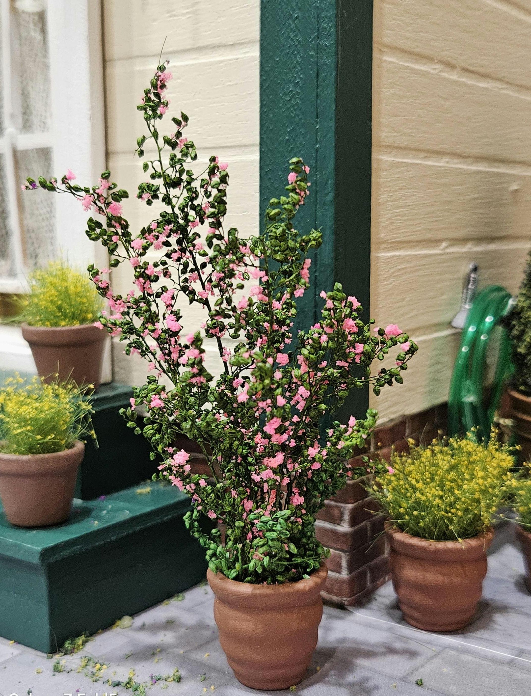 Miniature Dollhouse Pink Shrub in Pot - Tall or Short