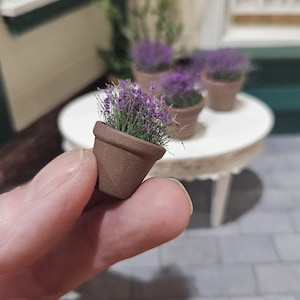 May include: A miniature terracotta pot filled with purple flowering plants. The small pot is held in a hand, with other similar pots on a white table in the background. The scene suggests a dollhouse or miniature garden setting.