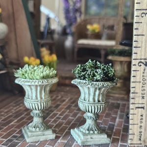 Miniature Dollhouse Aged Urn Planter with Succulents or Lush Green Plant