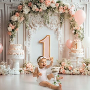 Cake Smash Digital Backdrop Bundle | 1st Birthday Pastel Balloons | Baby Girl or Boy Photo Backgrounds | Editable JPEG for Photographers