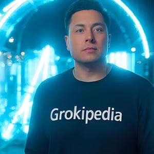 May include: A person wearing a navy blue long-sleeve shirt with the white text "Grokipedia". The background features a glowing blue neon arch and lighting.