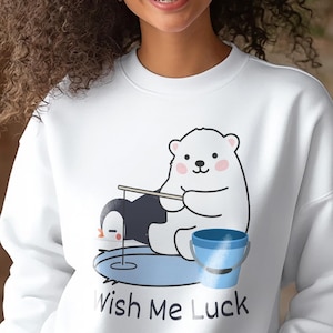 Polar Bear Fishing Sweatshirt: Kawaii Penguin Graphic, Cozy Fleece Jumper