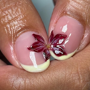 Yellow 3D Floral Frenchtips Press On Nails | Hand Sculpted Flower Nail Art | Luxury Handmade Press Ons