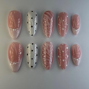 3D Ripple Texture Frenchtip Press On Nails | Classy Polka Dot, Pearl Accent Almond Medium Set