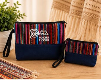 Peruaanse handgemaakte make-uptas en portemonneeset | Machu Picchu geborduurd | Reisetui van Andes-stof | Peru-souvenircadeau.