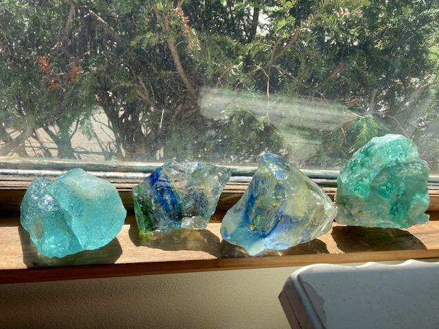 Collection of 4 Slag Glass pieces: ice blue mound, greens, 2 clear with blue stripes. 4 to 5  inches on the larger pieces. Free US Shipping.