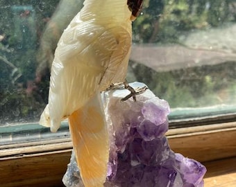 Large Yellow Gemstone Carved Bird on Amethyst Crystal Cluster Base. 6.75 inches tall. Free US Shipping