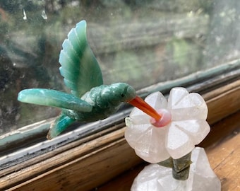 Beautiful Green Carved Gemstone Hummingbird on a White Crystal Flower and Base. 3.5 inches tall,  2.5 inch long hummer. Free US Ship only