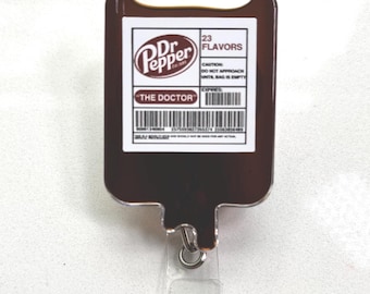 Dr. Pepper IV Bag Badge Reel – Retractable ID Holder for Nurse, RN, Tech – Swivel or Belt Clip – Caffeine Lover Gift for Work