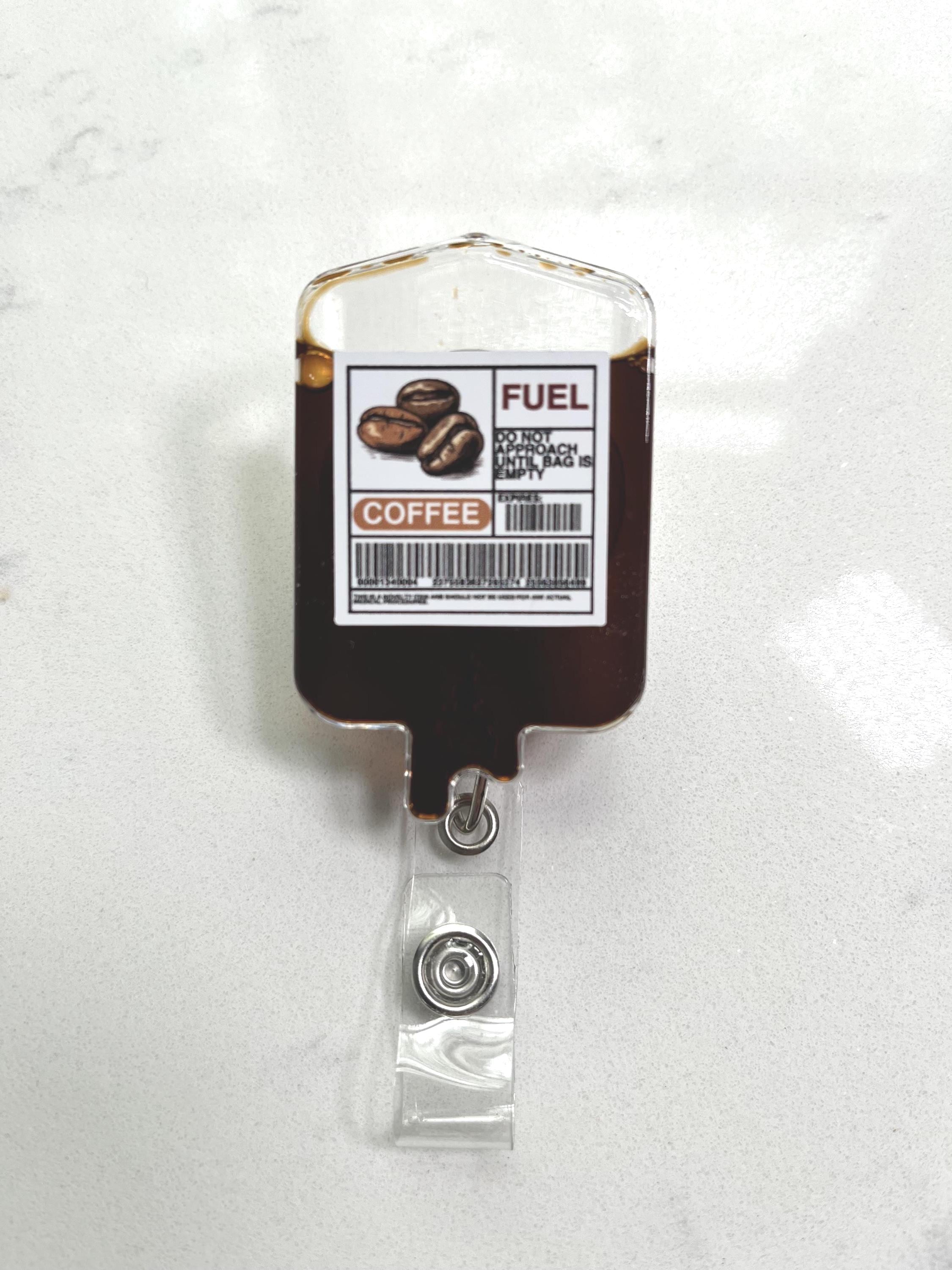 Coffee IV Bag Badge Reel – Retractable ID Holder for Nurse, RN, Tech – Swivel or Belt Clip – Caffeine Lover Gift for Work