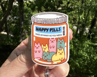 Cat Happy Pills Badge Reel – Funny Retractable ID Holder for Vet Nurse Gift