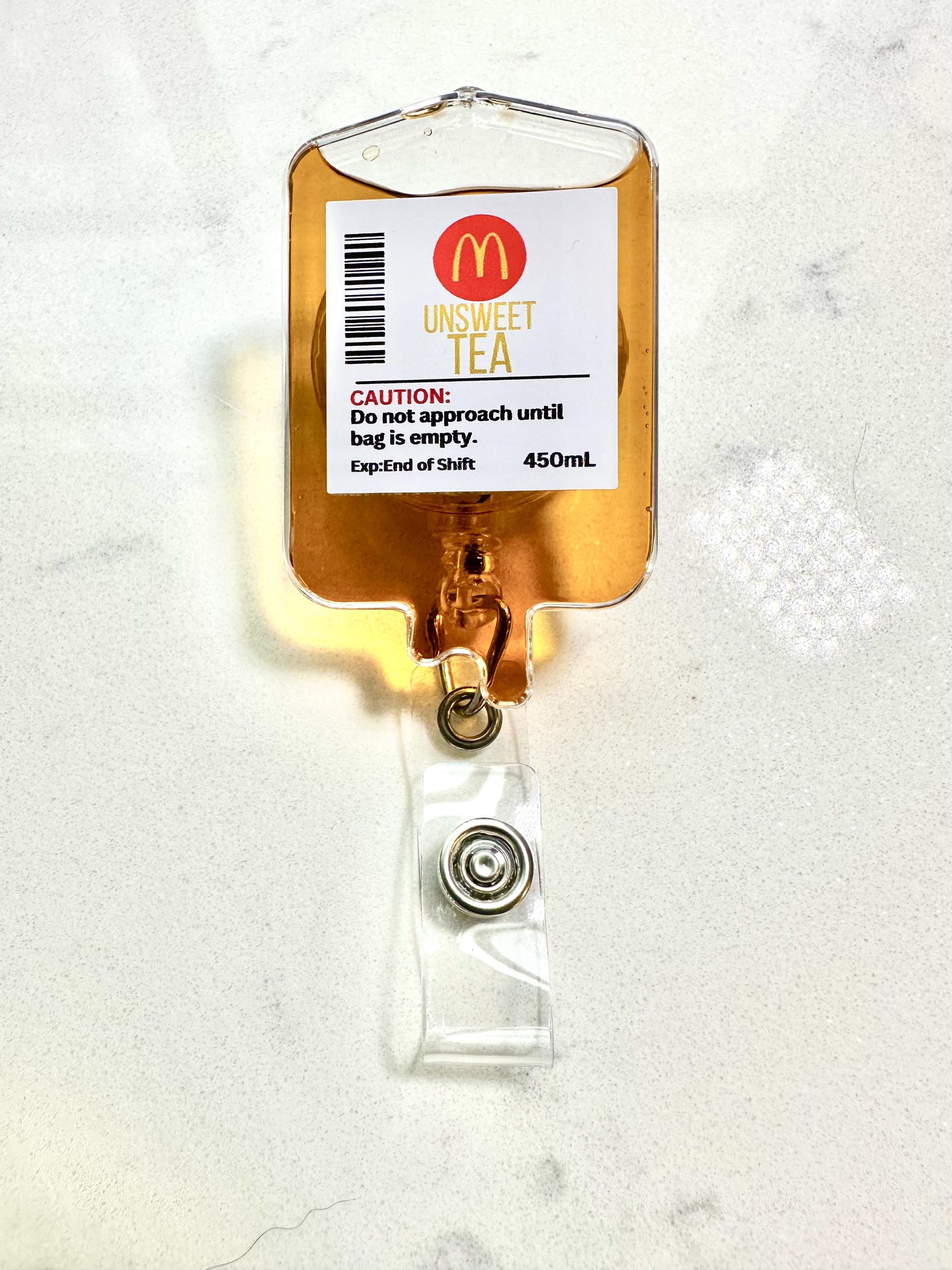 Mcdonalds Unsweet Tea IV Bag Badge Reel – Nurse ID Holder Swivel