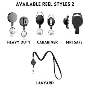 May include: Four different styles of retractable badge reels, including heavy duty, carabiner, MRI safe, and lanyard. The reels are black and have a variety of attachments.
