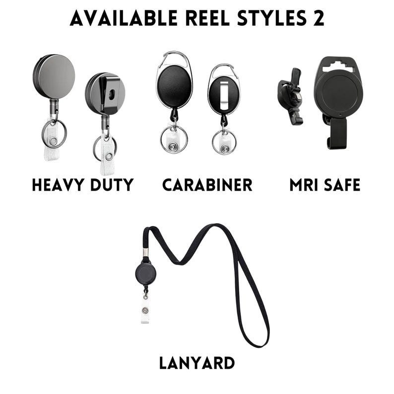 May include: Four different styles of retractable badge reels, including heavy duty, carabiner, MRI safe, and lanyard. The reels are black and have a variety of attachments.