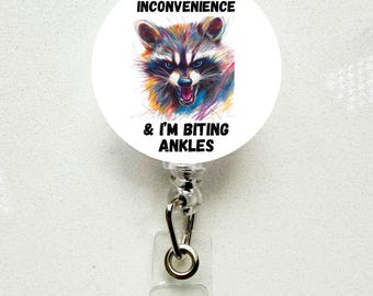 Raccoon I Will Bite Ankles Funny Badge Reel – Retractable Nurse ID Holder – Swivel or Belt Clip – RN, Work, Coworker Gift