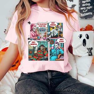 Comfort Colors, Horror Icons Comic Tee – Freddy, Jason & pals in chill mode! Funny Halloween T-shirt for spooky season lovers