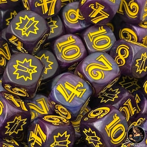 May include: A collection of purple dice with yellow numbering and symbols. The dice are a mix of numbers and symbols, with a marbled effect. The dice are for tabletop games.