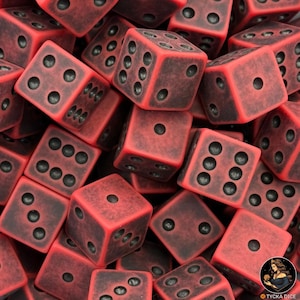 May include: A pile of red dice with black pips. The dice are a deep red color with a slightly distressed appearance. Each die has a different number of black dots, from one to six, representing the numbers.