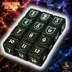 May include: A set of twelve black six-sided dice arranged in a grid. Each die face features a white or gold number enclosed within a shield-shaped outline. The numbers range from one to twelve, with some faces showing partial numbers on the sides.