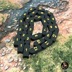 May include: Black, rectangular game pieces with gold numbers from 1 to 12 arranged in a chain. The pieces are on a textured, brown and green surface. The game pieces are likely for a board game or role-playing game.