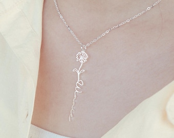 Personalized Birth Flower Name Necklace – Custom Name Pendant in Gold, Silver, Rose Gold – Birth Month Flower Jewelry Gift for Her