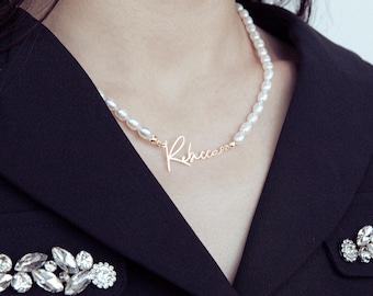 Custom Name Pearl Necklace – Personalized Handmade Jewelry in Silver, Gold, Rose | Stainless Steel, Copper, or Silver | 4 Sizes