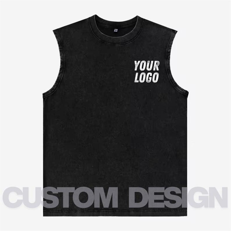 This customizable vintage washed sleeveless vest is a unisex tank top made in a distressed streetwear style. The black design shown features a bold “YOUR LOGO” text on the front chest, showcasing where custom logos, text, or artwork can be printed. Perfect for gym wear, casual outfits, or street fashion, this vest is available in black, gray, rose pink, apricot, and coffee. A unique personalized tank top option for men and women.
