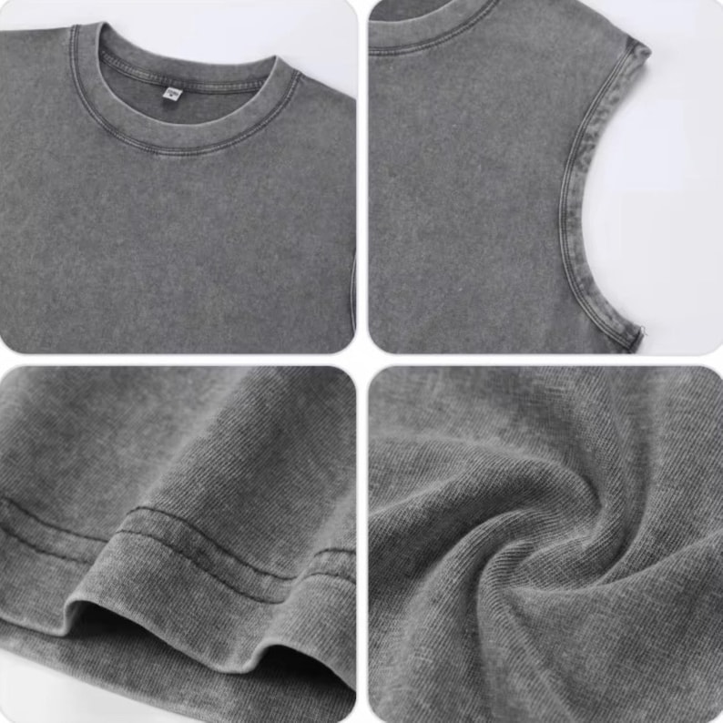 Puede incluir: Primer plano de una camiseta gris con cuello redondo. La camiseta tiene un aspecto descolorido y texturizado. La imagen muestra detalles del cuello, el hombro y el dobladillo, destacando la textura y las costuras de la tela. La camiseta parece estar hecha de un material suave y c&oacute;modo.