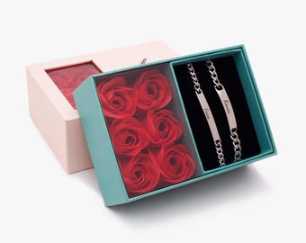 Personalized Couples Bracelet Set – Silver & Gold – Free Romantic Rose Gift Box – Custom Name Engraving – His and Her Matching Bracelets