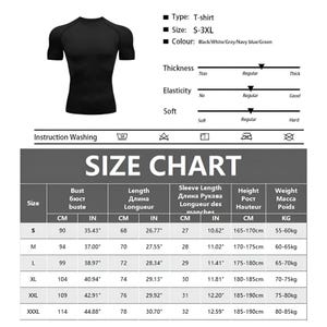 May include: Black short-sleeve T-shirt with a crew neck. The image includes a size chart with measurements in inches and centimeters, and a washing instruction guide. The shirt is available in sizes S-3XL and in colors black, white, grey, navy blue, and green.